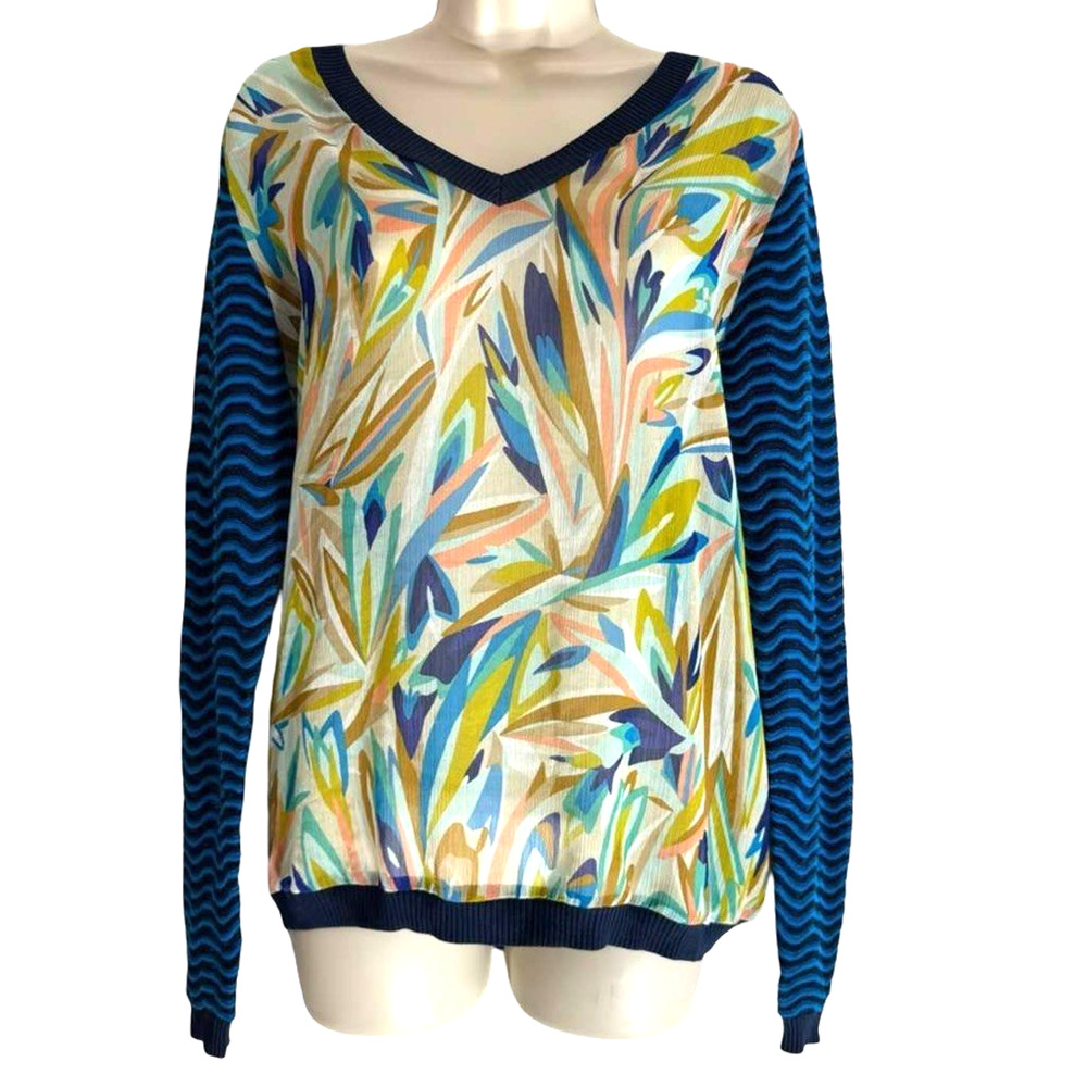 Missoni for Target Womens Mixed Media Blue V-Neck Pullover Shirt Knit Top XL